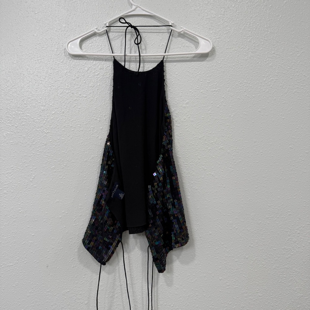 Ann Taylor Iridescent Sequin 100% Silk Halter Top Open Back Handkerchief Hem 10 - Picture 5 of 6